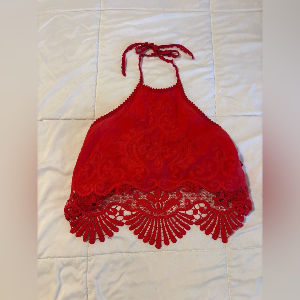 Kimchi Blue Red Lace Halter Crop Top Boho Crochet Festival Bralette Size Small